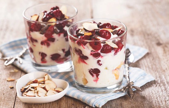 Two Cherry Almond Yogurt Parfaits in Short Glass Cups